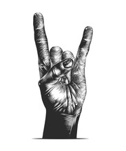 Vector Engraved Style Illustration For Posters, Decoration And Print. Hand Drawn Sketch Of Rock Sign Gesture In Monochrome Isolated On White Background. Detailed Vintage Woodcut Style Drawing.