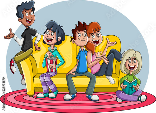 Group of cartoon young people on sofa. Teenager friends.