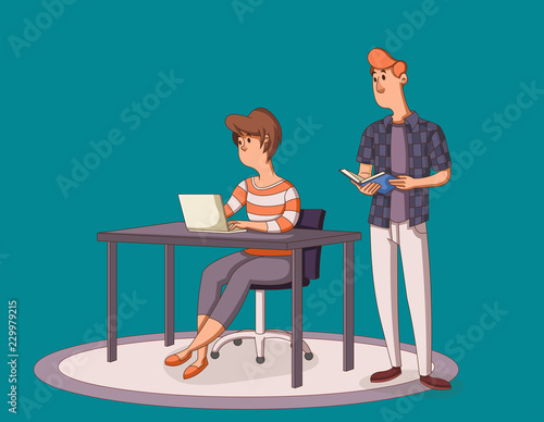 Business people working with computer. Office workspace with desks.