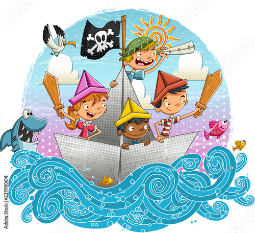 Group of cartoon pirate kids sailing on paper boat.