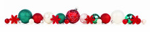 Long Christmas Border Of Red, White And Green Ornaments Isolated On A White Background