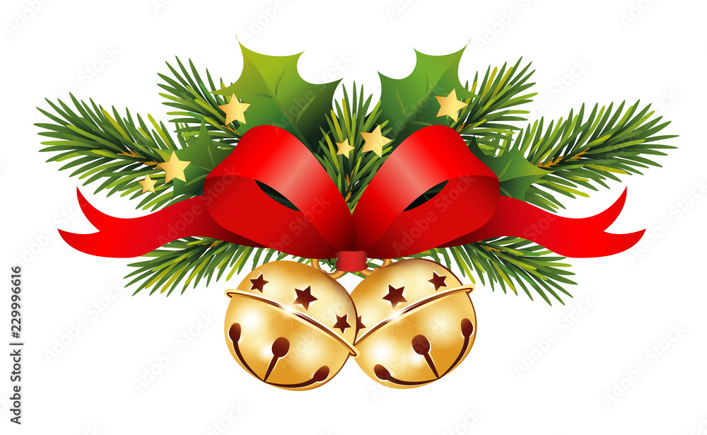 Stock-Vektorgrafik „Weihnachtskarte Banner mit Tannenzweige, Schellen Glöckchen, Ilex Zweige, rote Schleife und Gold Sternchen, Weihnachtsbanner, Vektor Illustration isoliert auf weißem Hintergrund “