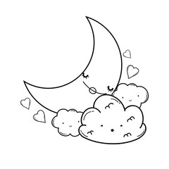 Canvas Print - Clouds and moon cute cartoons in black and white