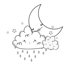 Canvas Print - Clouds and moon cute cartoons in black and white