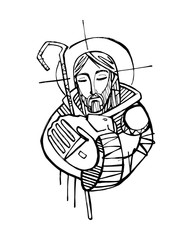 Poster - Jesus Christ Good Shepherd vector hand drawn ink illustration