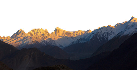 Wall Mural - Snowy peak with sunlight isolated over white background.