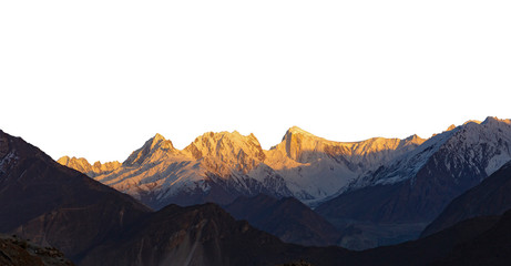 Wall Mural - Snowy peak with sunlight isolated over white background.