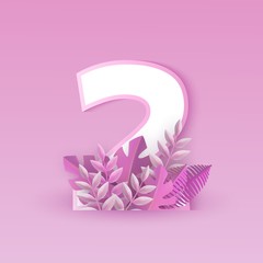 Vector illustration of number two pink elegant design with tropical leaves isolated on tender background - numeral 2 with tree foliage in trendy paper art. Romantic floral element.