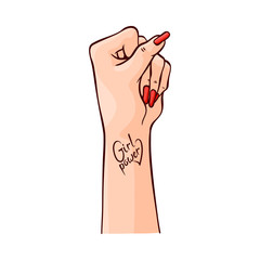 Vector illustration of female hand clenched into fist and tattoo Girl Power raised up in sketch style isolated on white background. Hand drawn strong woman arm fighting for rights.