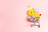 Fototapeta Mapy - Shopping trolley with flowers and copy space on pink background.