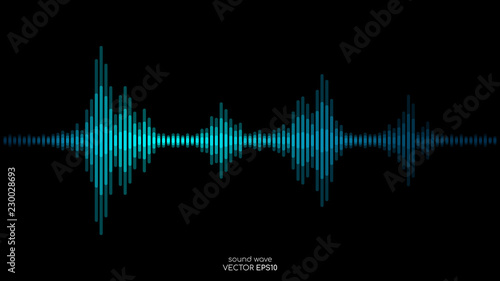 Fotomural Vector sound wave in blue green color light dynamic flowing on black background in concept of music, sound, science or technology
