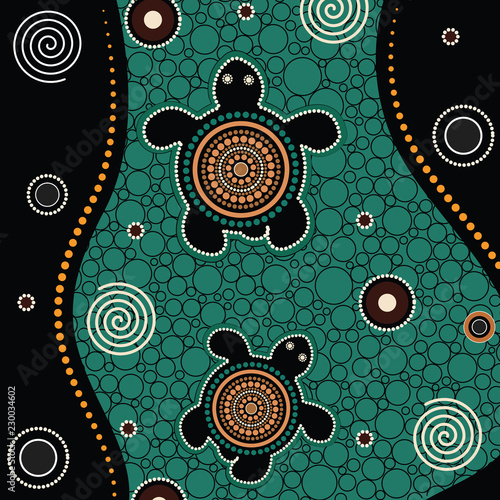 Aboriginal dot art vector painting with turtle. Stock