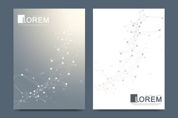 Modern vector template for brochure, leaflet, flyer, cover, banner, catalog, magazine, or annual report in A4 size. Futuristic science and technology design. Geometric graphic background molecule