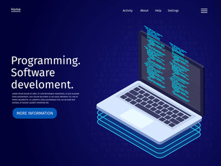 Wall Mural - development of software and programming. laptop in flat 3d isometric illustration. landing page temp