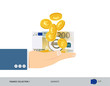 © Ruslan - 200 Euro Banknote and coins in the palm of hands. Flat style vector illustration. Finance concept.