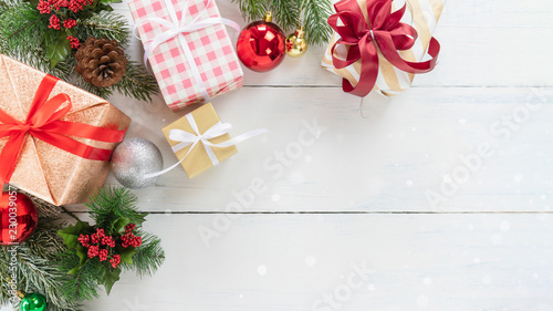 Top View Of Christmas Tree And New Year Holidays Gift Box With