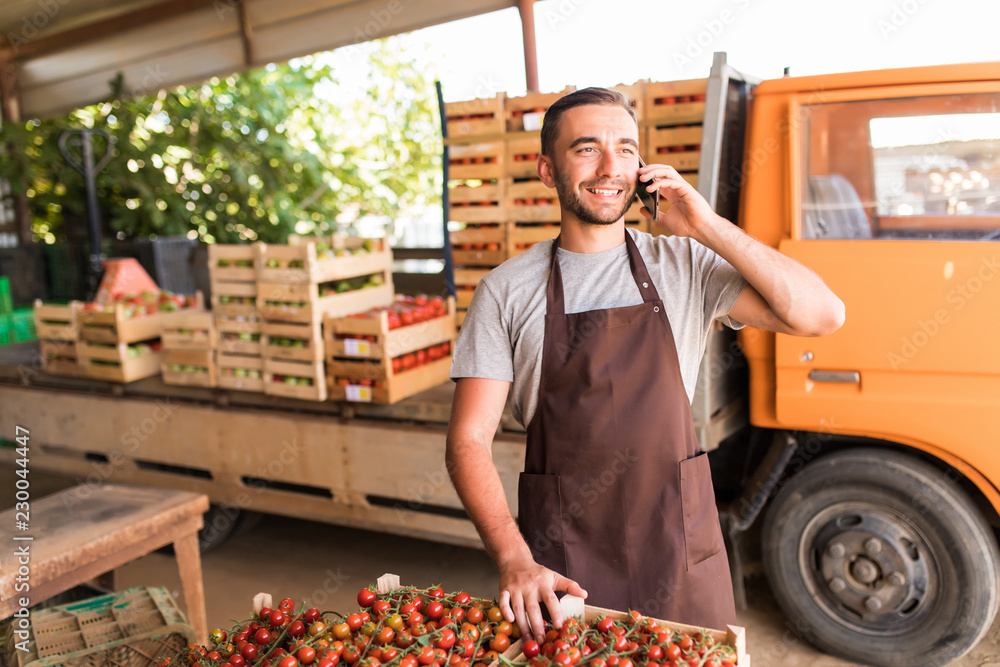 Young handsome man talk on phone with costumers in front collect tomatoes boxes at greenhouse. Online phone sales of tomato orders of costumers family farm business.