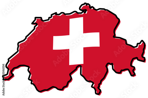 Fotografie, Obraz Simplified map of Switzerland outline, with slightly bent flag under it