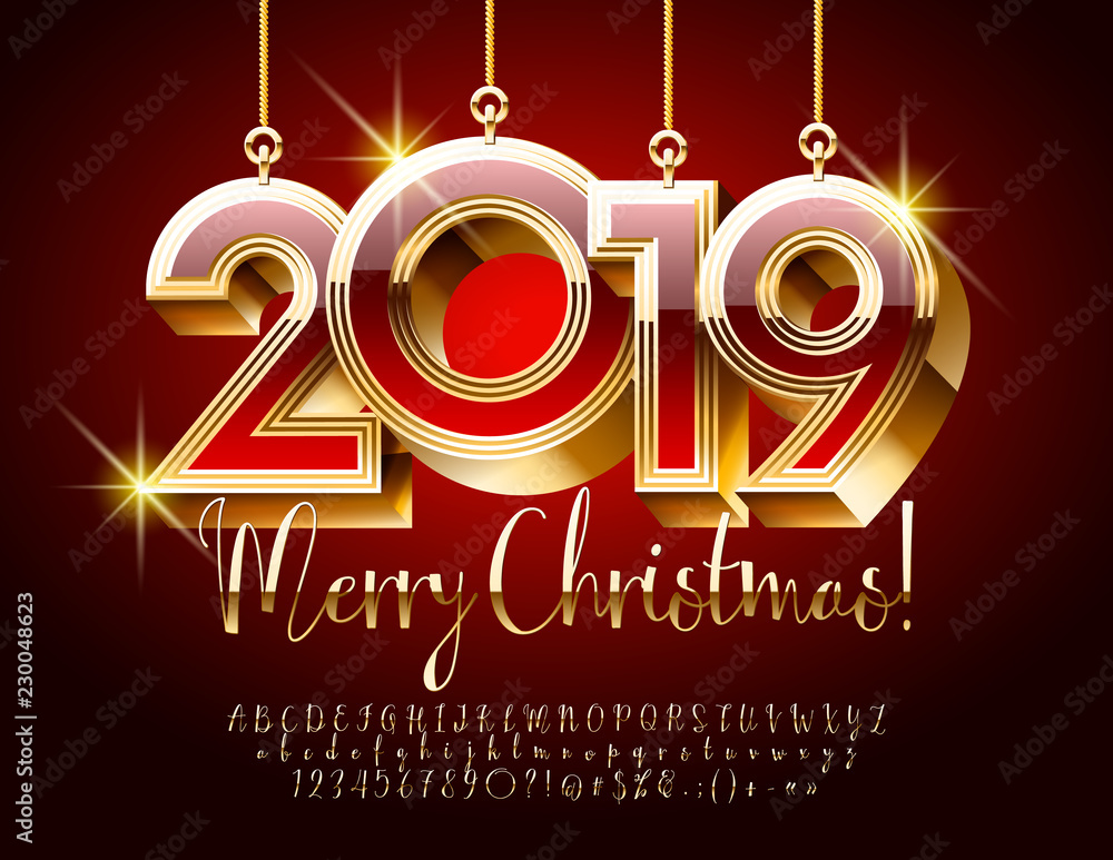 Vector luxury Merry Christmas 2019 Greeting Card with chic Toys ...