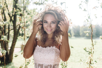 woman, pink, dress, young, beautiful, spring, flower, flowers, girl, model, garden, beauty, sun, park, white, hair, fashion, female, brunette, nature, tree, happy, summer, women, smile, makeup, outdoo