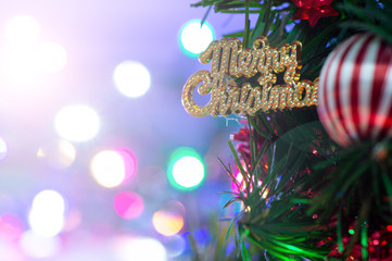 Christmas tree with beautiful xmas decoration in blurry sparkle background, bokeh, close up, copy space (text space)