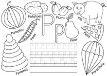 Letter P. English Alphabet. Education For Children. Writing Practice With Pictures. Coloring Book.