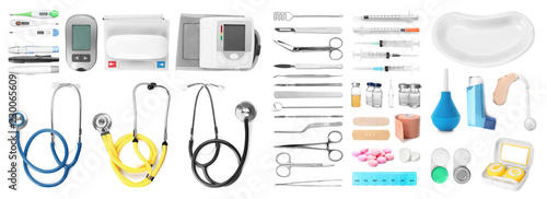 Fotografía Set with different medical equipment on white background