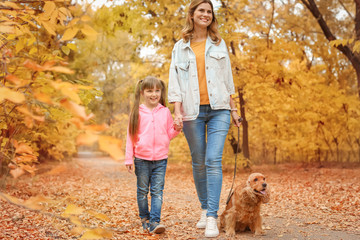 Poster - Mother with her cute daughter and dog in park. Autumn walk