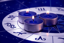 Blue Horoscope With Zodiac Signs And Three Candles Like Astrology Concept 