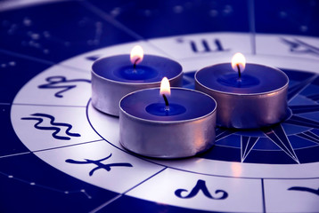 Wall Mural - blue horoscope with zodiac signs and three candles like astrology concept