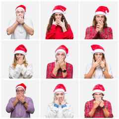 Sticker - Collage of group of people wearing chrismast hat over isolated background shocked covering mouth with hands for mistake. Secret concept.