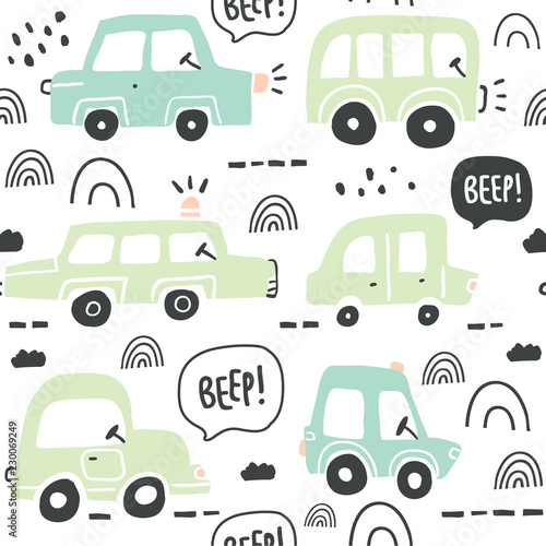 Photo Seamless pattern with hand drawn cute car