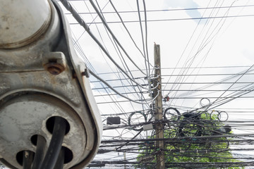 BANGKOK, THAILAND - OCTOBER 23:  Udom Suk Building on October 23, 2018 in Bangkok, Thailand. Unstable power lines and cable line on the power poles or electric pole.