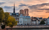 Fototapeta Paryż - Sunset in Paris, Notre Dame Cathedral and the Seine river 