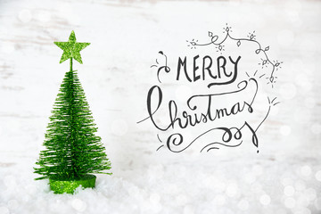 green christmas tree, star, snow, calligraphy merry christmas