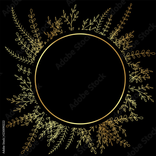 Round Golden Flower Frame Frame With Flowers Plants Grass Fern Stylized Golden Drawing Isolated On Black Background Buy This Stock Vector And Explore Similar Vectors At Adobe Stock Adobe Stock