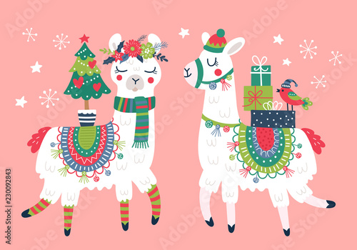 Cuadros en Lienzo Cute llama character Christmas card
