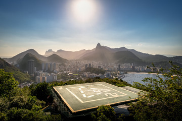 Canvas Print - Heliport and aerial view of Rio de Janeiro with and Corcovado mountain and Guanabara Bay - Rio de Janeiro, Brazil