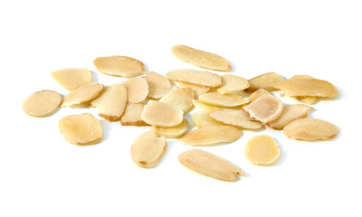 Wall Mural - Sliced almonds pile from top view isolated on white background