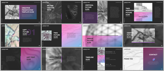 Minimal presentations design, portfolio vector templates with elements on black background. Multipurpose template for presentation slide, flyer leaflet, brochure cover, report, marketing, advertising.