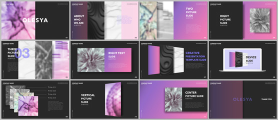 Wall Mural - Minimal presentations design, portfolio vector templates with elements on black background. Multipurpose template for presentation slide, flyer leaflet, brochure cover, report, marketing, advertising.