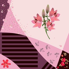 Wall Mural - Beautiful patchwork pattern with bunch of pink lilies, various tiny flowers and stripes in vector.