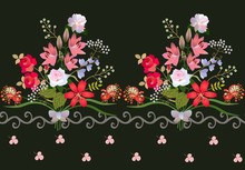 Fantastic Horizontal Border With Luxury Bouquets Of Garden Flowers, Fairy Small Peacocks, Waved Ornament And Pink Leaves Of Clover On Black Background In Vector. Print For Fabric.
