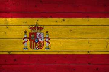 Wall Mural - Flag of Spain on wooden background, surface. Wooden wall, planks. National flag.