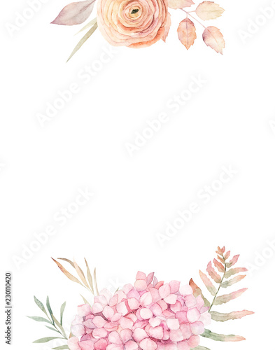 Watercolor frame with hydrangea, rose and leaves. Hand drawn illustration