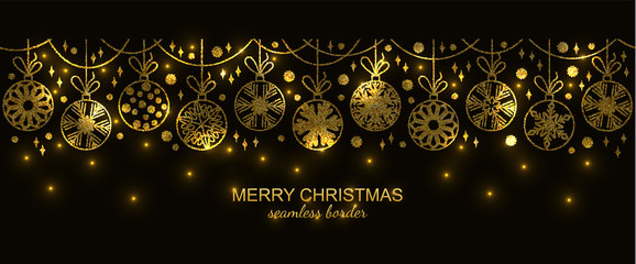 Wall Mural - Gold seamless snowflake border isolated on black background, Christmas design. Vector illustration, merry xmas glitter flake header or banner, wallpaper or backdrop decor