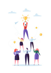 Wall Mural - Successful Team Work Concept. Pyramid of Business People. Leader Holding Golden Cup on the Top. Leadership, Teamworking and Success. Vector illustration