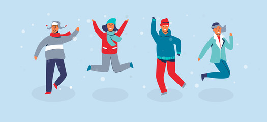 Wall Mural - Joyful Characters Friends Jumping. People in Warm Clothes on Happy Winter Vacation. Man and Woman Having Fun Outdoors. Vector illustration