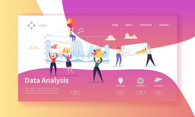 Wall Mural - data analysis concept landing page. flat people characters building dashboard graph website template