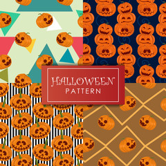 Wall Mural - Halloween pattern vector set collections. Holiday theme with cute pumpkins background. Four seamless patterns background.